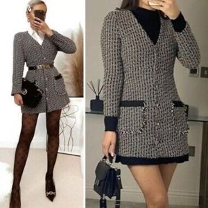 Zara black tweed dress button down jacket blazer rhinestone buttons dress Medium